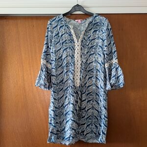 Lilly Pulitzer Blue & White Printed Midi Dress with Crochet Trim